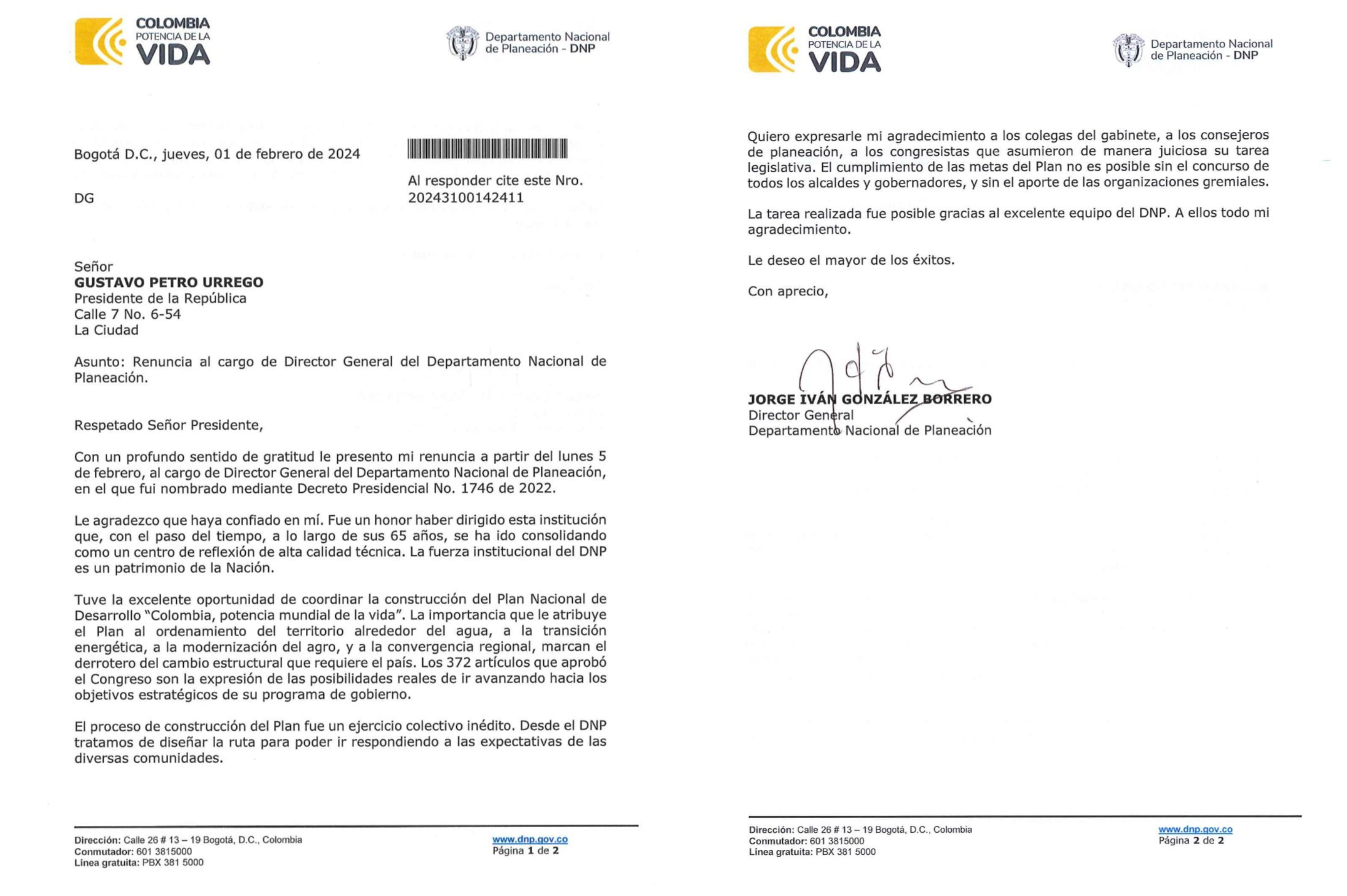 Carta de renuncia de Jorge Iván González.