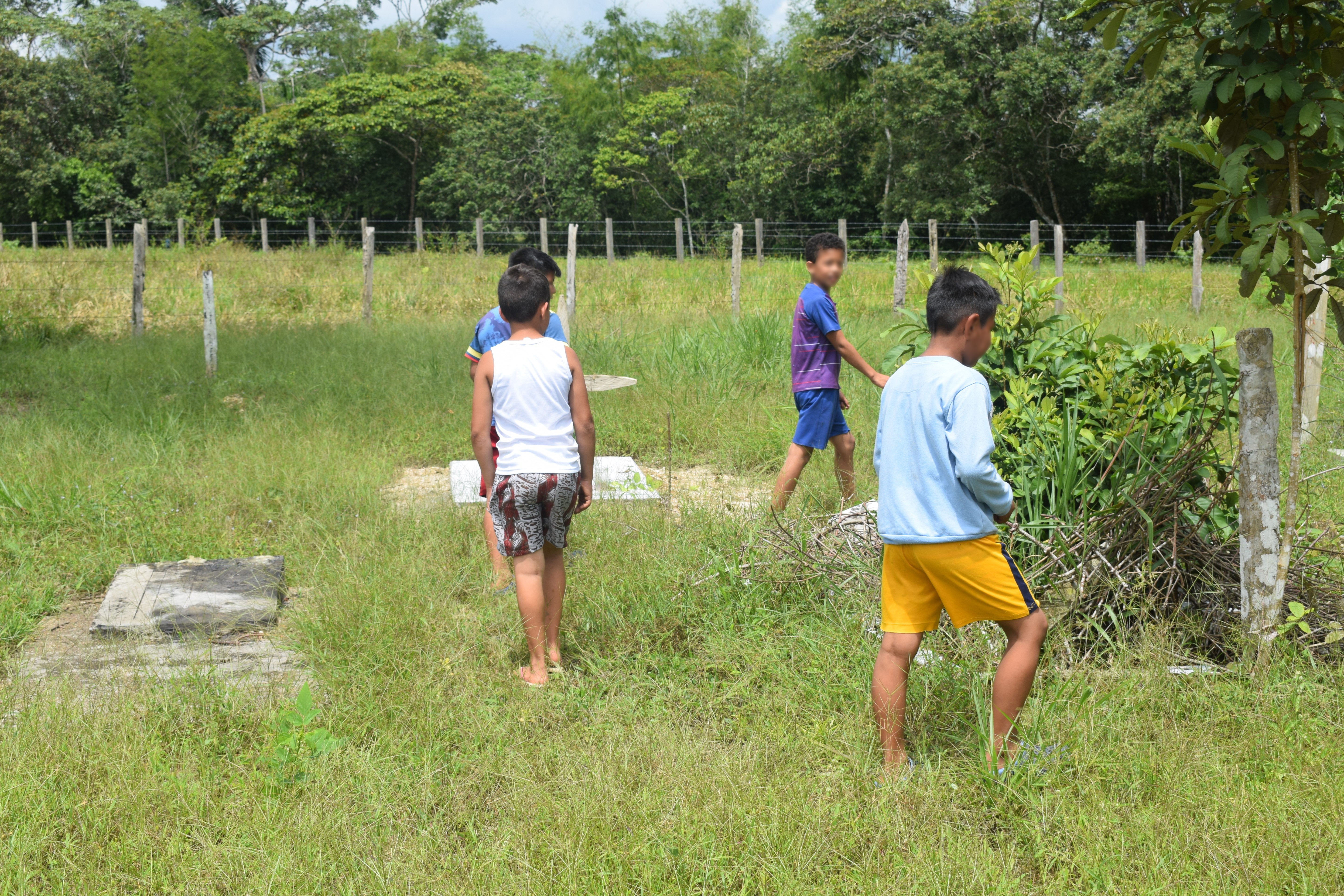 Sorteando sus pasos, los cuatros niños recorren el cementerio de Nueva Colombia, buscando nombres y contando historias sobre los que ya no están.
