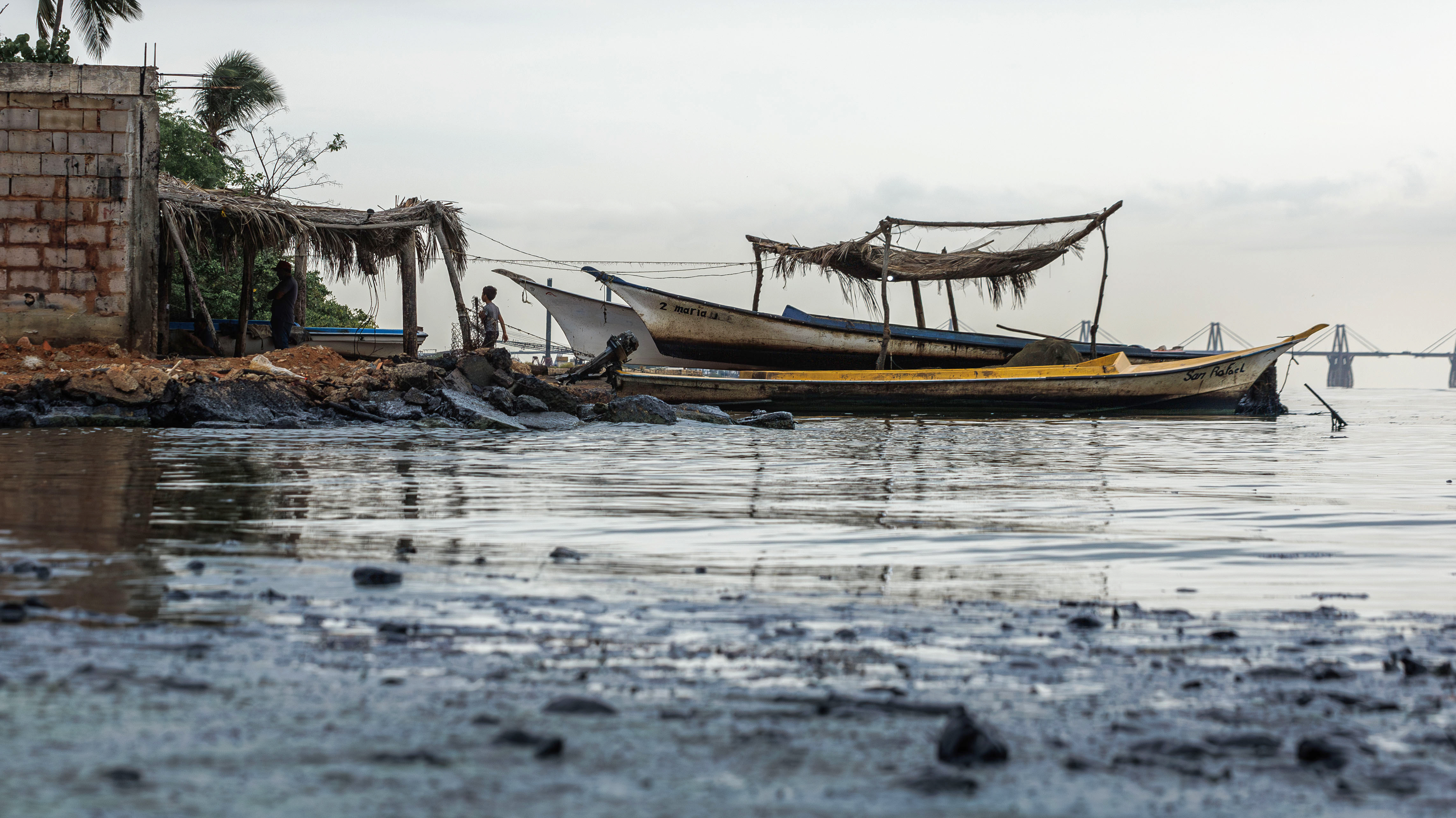 MARACAIBO (VENEZUELA), 15/09/2024.- Fotografía del 13 de septiembre de 2024 que muestra manchas de petróleo en el agua del Lago de Maracaibo (Venezuela). Un manatí y un delfín fueron hallados muertos en el Lago de Maracaibo, el más grande de Venezuela, que ambientalistas y pescadores denuncian su contaminación por causas como los "derrames de petróleo", la basura y una bacteria llamada verdín, pese a un plan gubernamental de recuperación puesto en marcha el año pasado. EFE/ Henry Chirinos