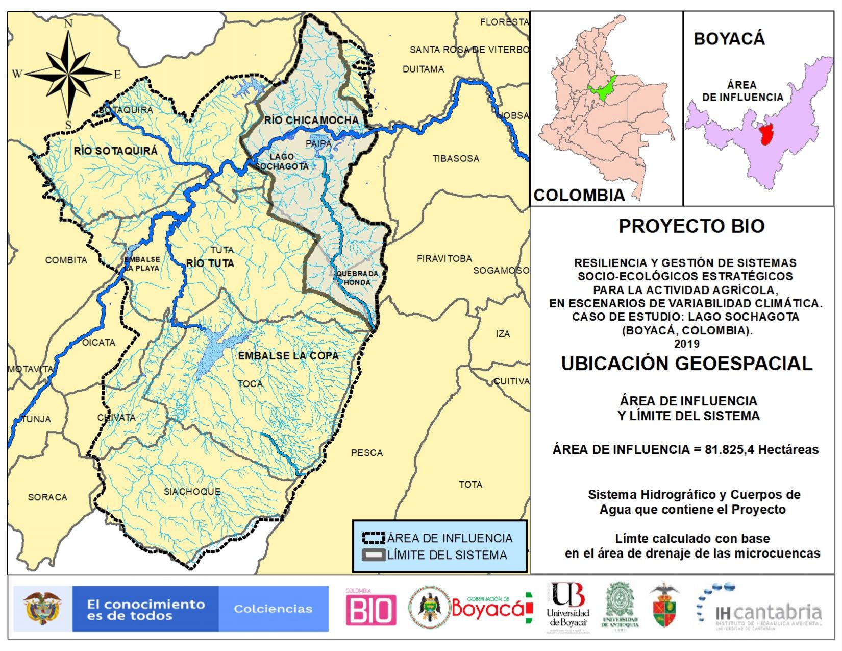 Mapa de una parte de la cuenca del río Chicamocha, con énfasis en el área de estudio del proyecto: Resiliencia y gestión de sistemas socio-ecológicos estratégicos para la actividad agrícola, en escenarios de variabilidad climática.