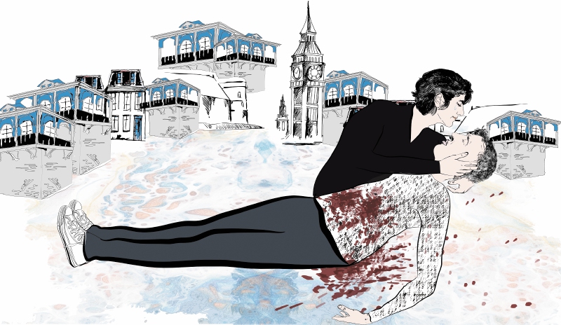 Ilustración del documental "5 ignorantes buscando una verdad", que muestra la versión de María Camila Quiceno del asesinato de Santiago Nasar o Cayetano Gentile.  