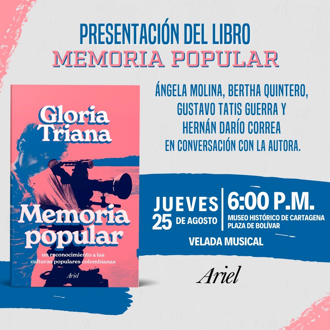 Tarjeta de invitación, en azul y rosado, para el lanzamiento del libro "Memoria Popular".