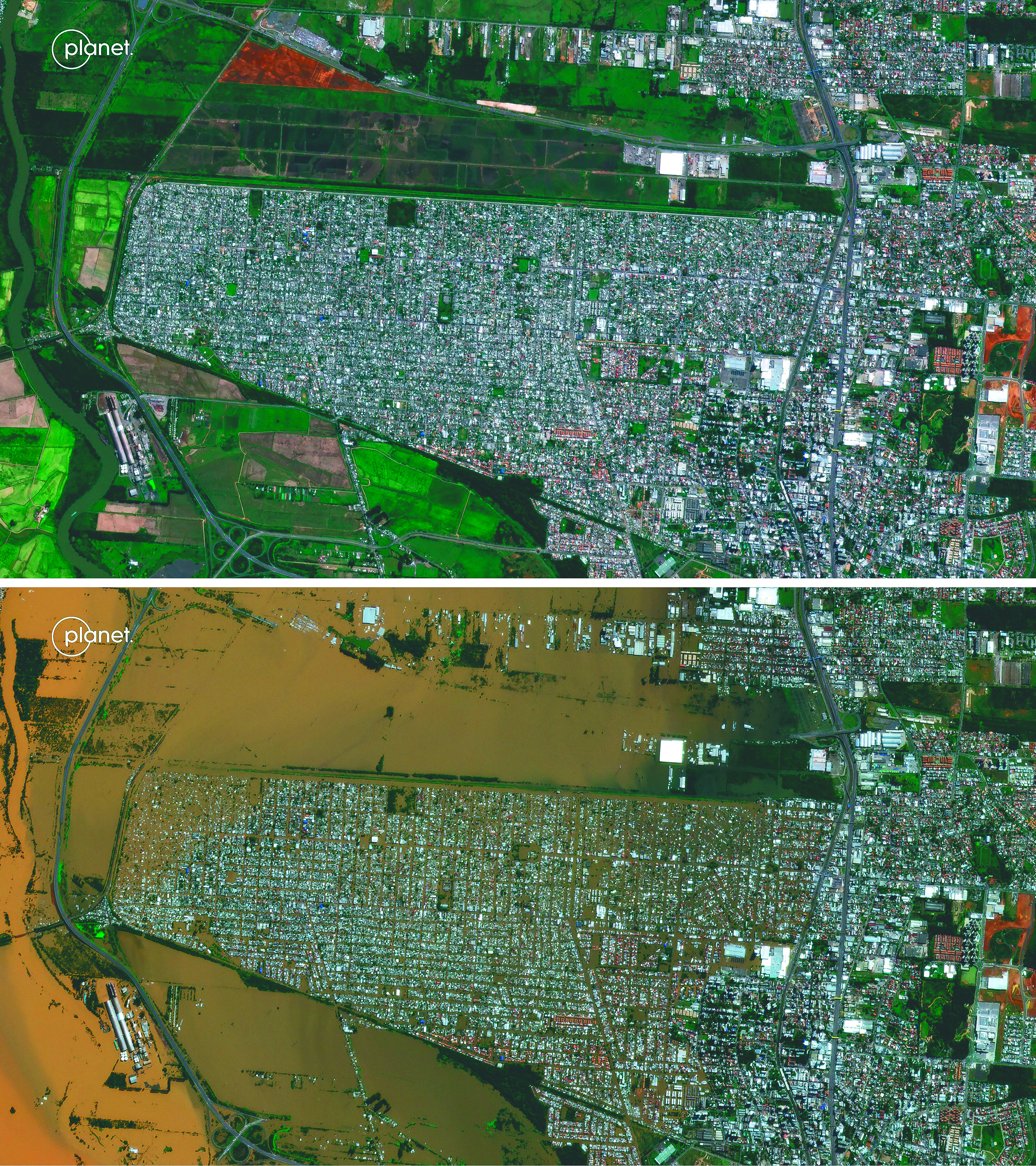 Esta combinación de imágenes satelitales publicadas por Planet Labs PBC y creadas el 8 de mayo de 2024, muestra una vista aérea de Porto Alegre, estado de Rio Grande do Sul, Brasil, el 19 de abril de 2024, antes de las inundaciones (Arriba) y después de las inundaciones (abajo), el 7 de mayo de 2024.