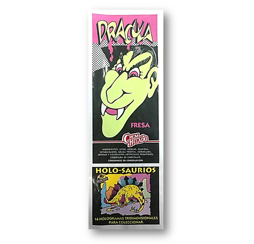 Este era el empaque original de la paleta Drácula en 1989. Venía con hologramas de dinosaurios para coleccionar.