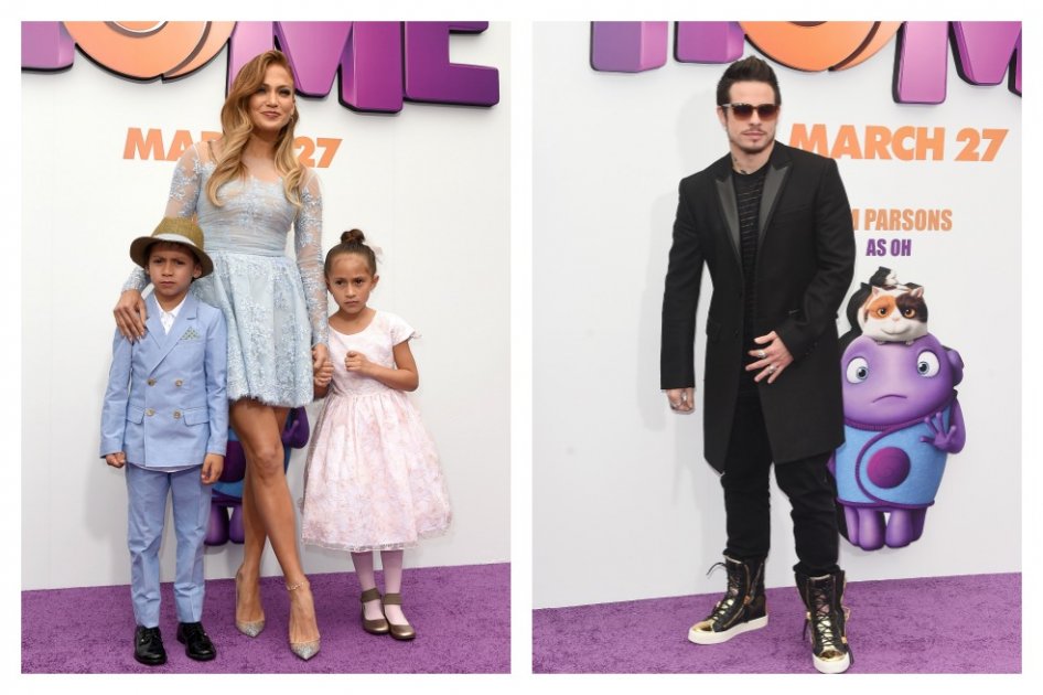 Jennifer Lopez posa en el estreno de "Home" con sus gemelos Max y Emme; mientras que Casper Smart posa solo. 