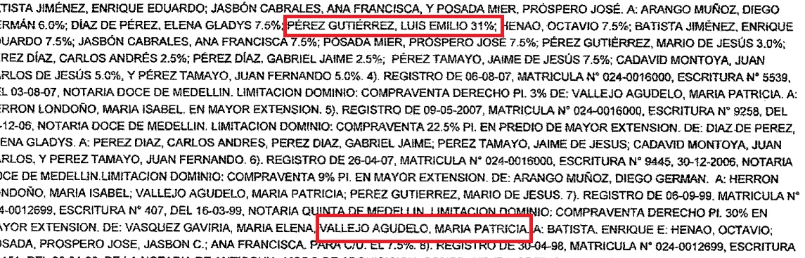 En el registro de matrícula inmobiliaria de ese predio en Santa Fe de Antioquia relacionan a Luis Pérez y a María Patricia Vallejo, entre otros familiares que han sido dueños del predio.