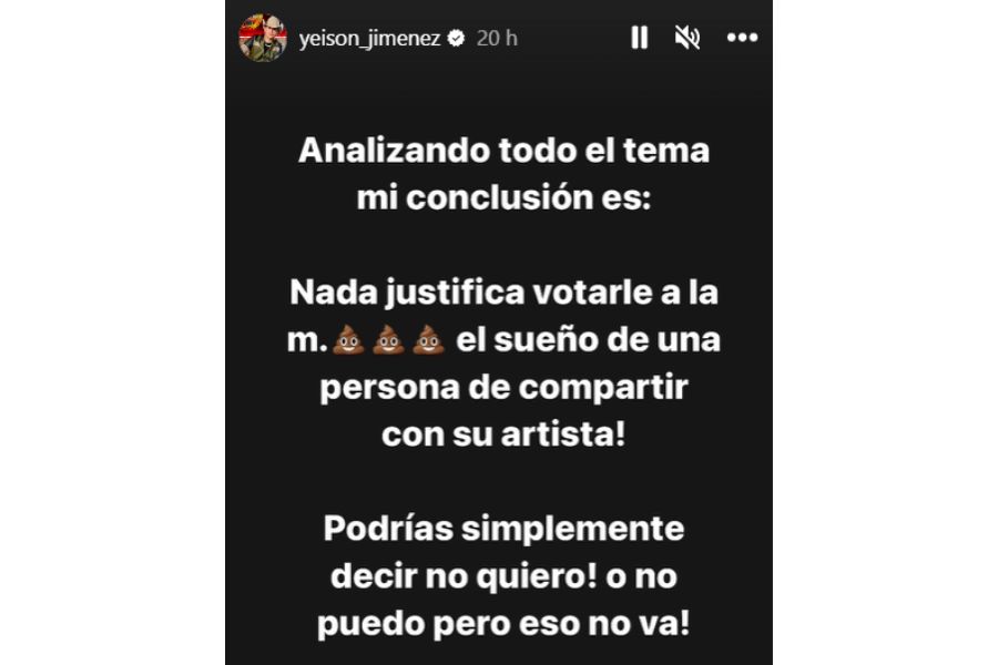 Publicación de Yeison Jiménez sobre la polémica reacción de Bad Bunny y su fan.