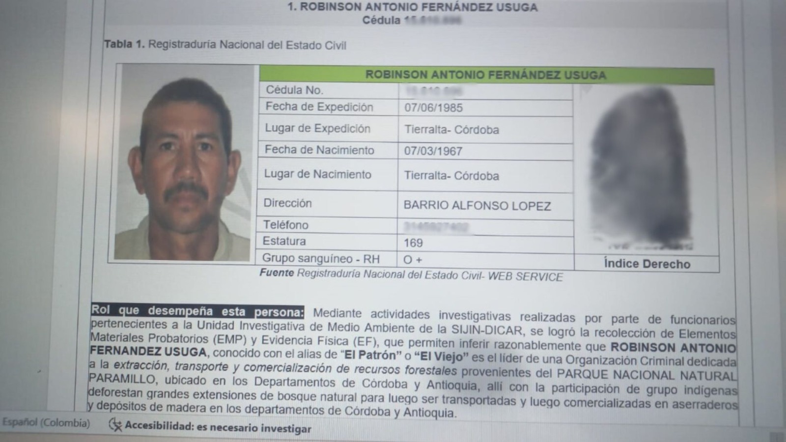 Reseña de alias El Viejo, líder de la estructura del Clan del Golfo que deforestaba el Parque Natural Paramillo./ Archivo particular.