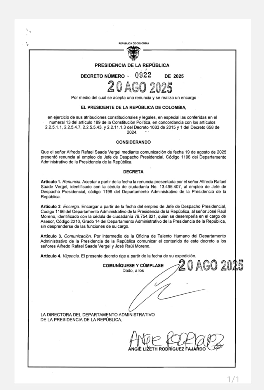 Decreto con el que se acepta la renuncia de Alfredo Saade.