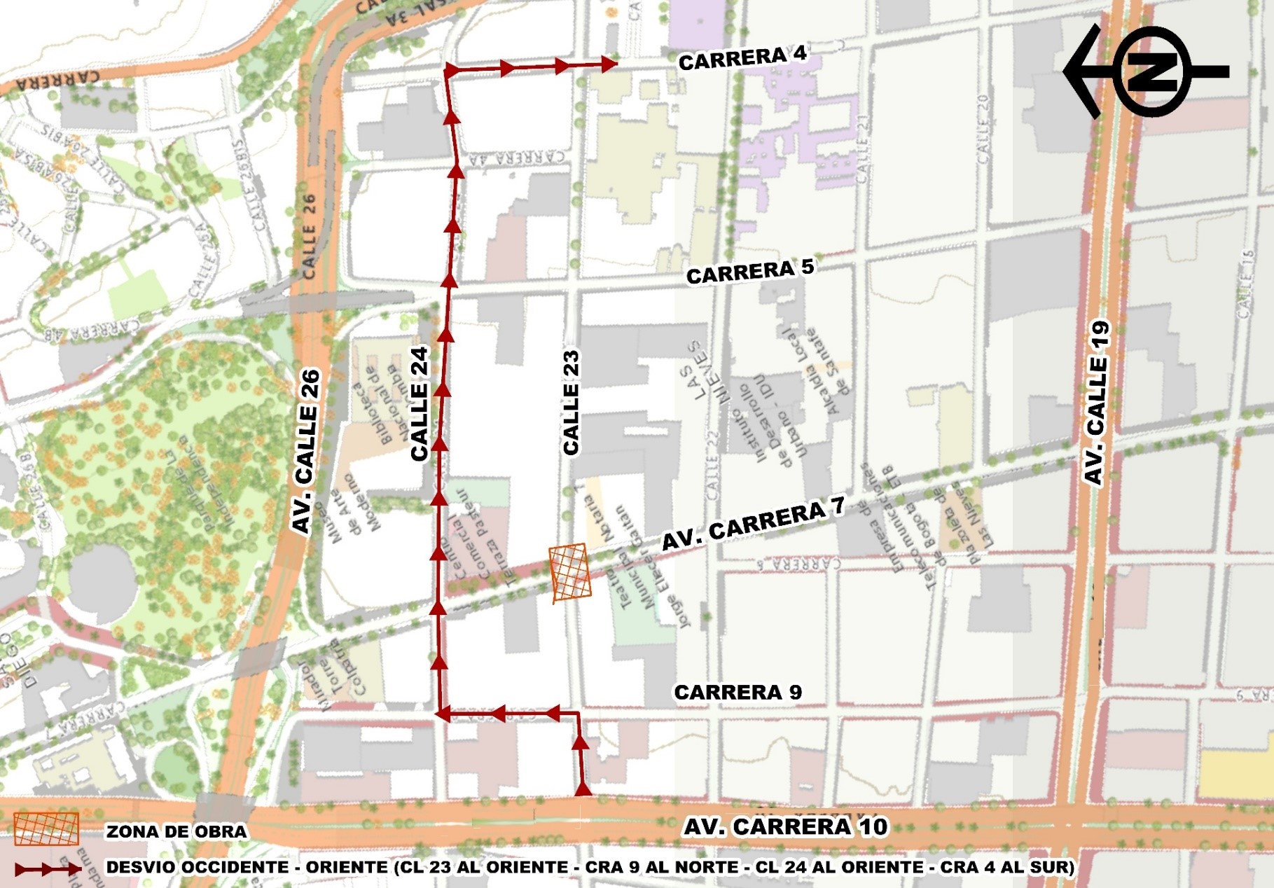 Sentido Sur - Oriente:Deberán continuar por la carrera 9 al norte, calle 24 al oriente, carrera 4 al sur hasta empalmar con el recorrido habitual.