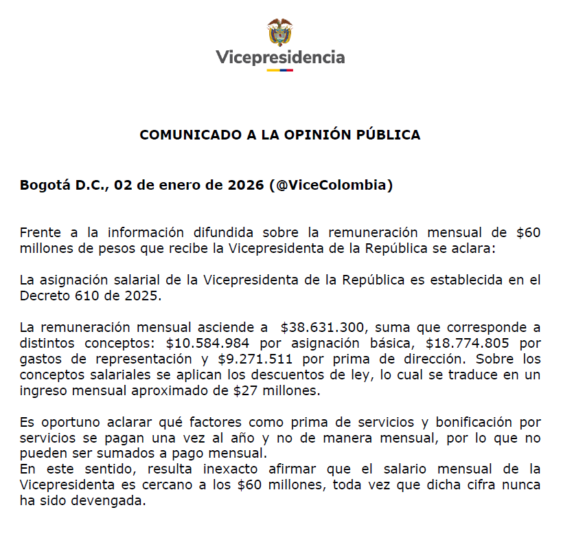 Comunicado de la Vicepresidencia