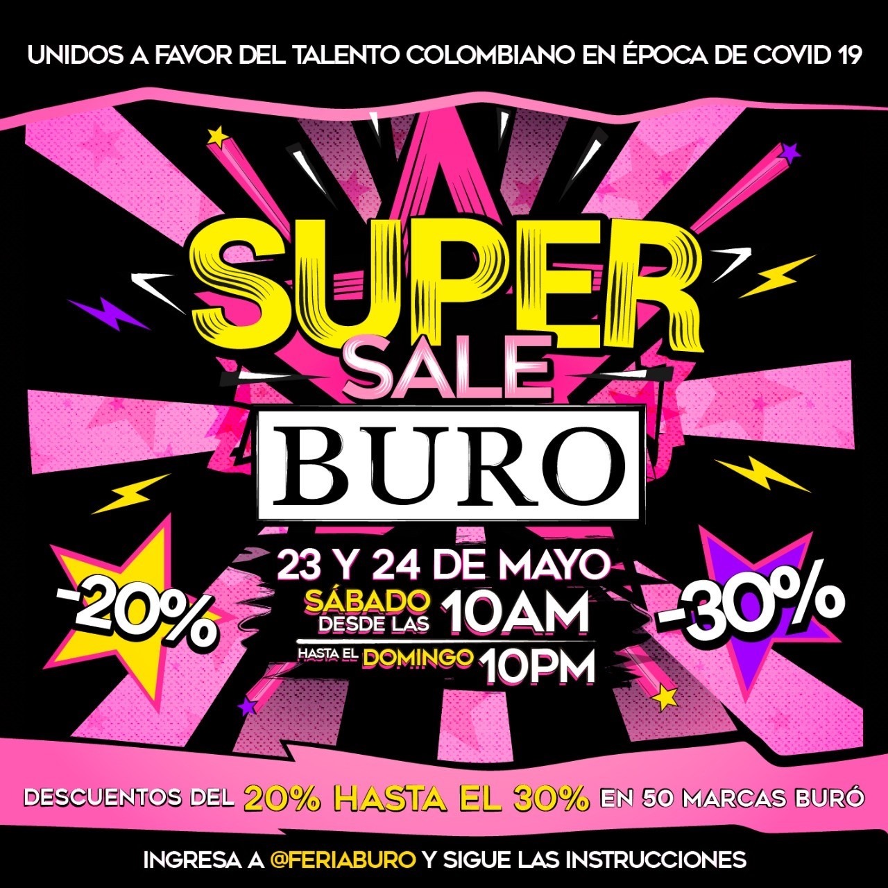 Desde elsábado 23 y domingo 24 de mayo a partir de las 10 am hasta las 10 pm. La decisión de seguir adelante con esta iniciativa se tomó luego de una venta online de prueba realizada el pasado 6 de mayo, en donde los resultados fueron bastante alentadores. “Super Sale Buro” es el nombre de la primera actividad oficial que en esta ocasión ofrecerá descuentos hasta del 30% en todas las marcas participantes. “Las personas podránapoyar a estos emprendedores desde cualquier rincón de Colombia a través de esta campaña, ya que las marcas harán entregas a nivel nacional; tenemos como fin llegar a los hogares colombianos que más podamos”; afirma Martha Soto, directora comercial de BURO.