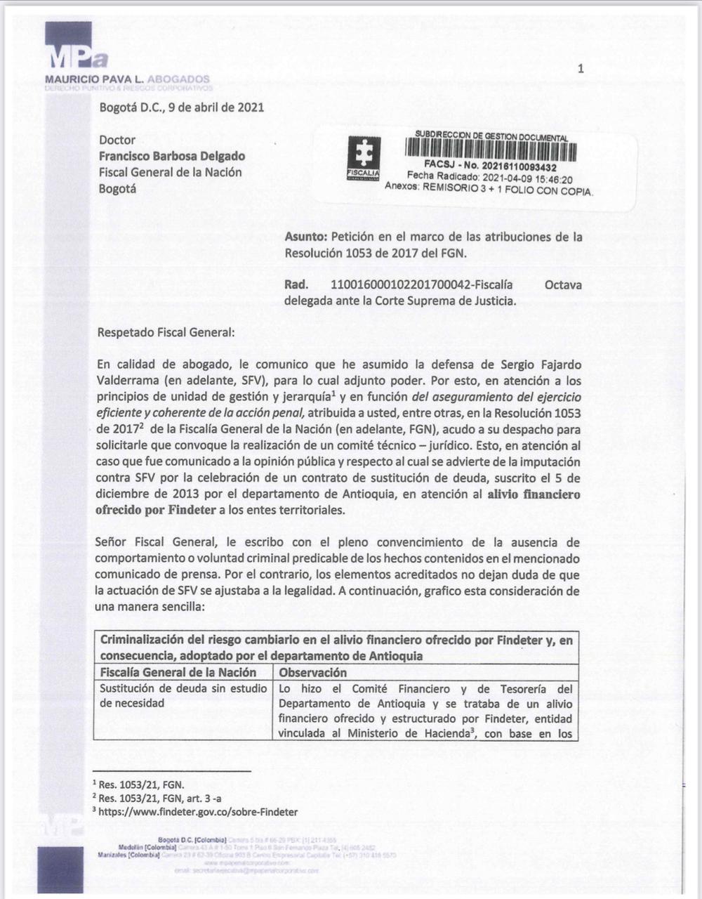 Carta enviada por el abogado de Sergio Fajardo a la Fiscalía General de la Nación.