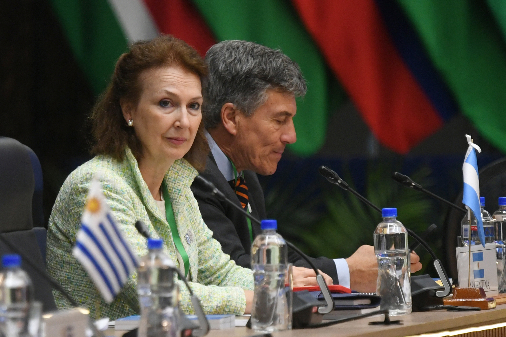 (FILES) Argentinian Foreign Minister Diana Mondino (L) looks on during the first day of the Mercosur summit in Asuncion on July 7, 2024.