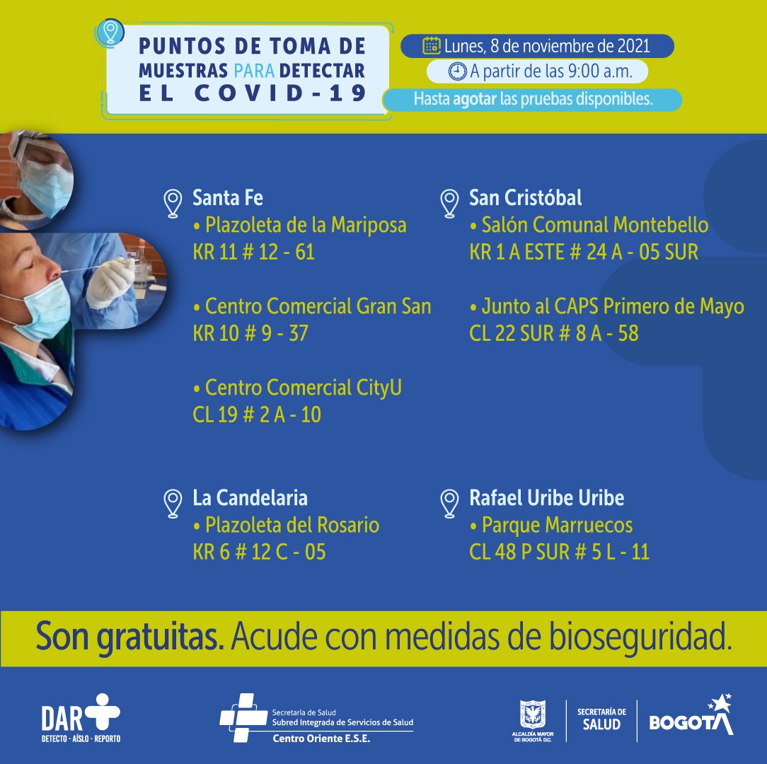 ¿Dónde hay pruebas gratuitas para Covid-19 este lunes en Bogotá?