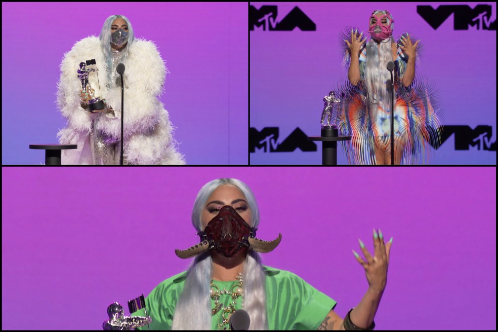 Lady Gaga llevó cinco tapabocas a lo largo de la noche, mismo número de galardones que recibió.