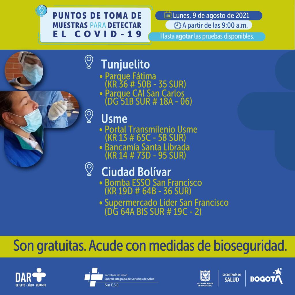 Puntos de tomas de prueba de COVID-19 en Bogotá para este 9 de agosto.