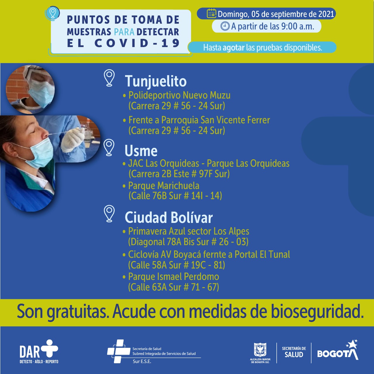 Pruebas PCR durante este domingo 5 de septiembre.