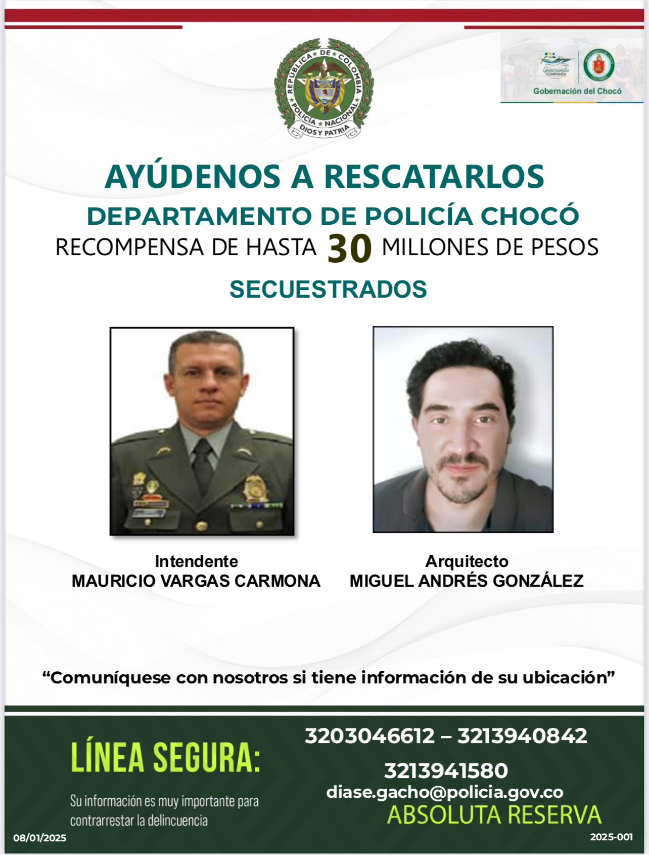 Intendente Mauricio Vargas Carmona y arquitecto Miguel Andrés González, secuestrados en (Sipí) Chocó.