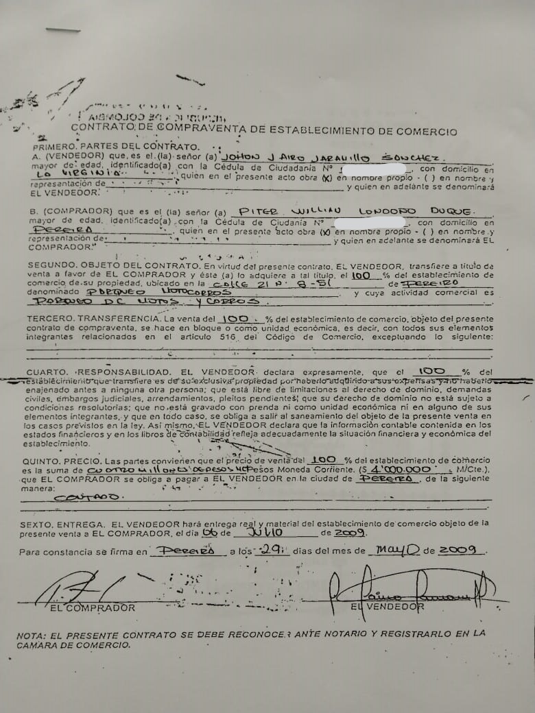 Transferencia del Parqueo Motocarros a Piter William Londoño Duque. Este negocio que fue incautado por las autoridades pertenecía en realidad al jefe de la banda Cordillera John Jairo Jaramillo Sánchez "El Meme", asesinado en 2015.
