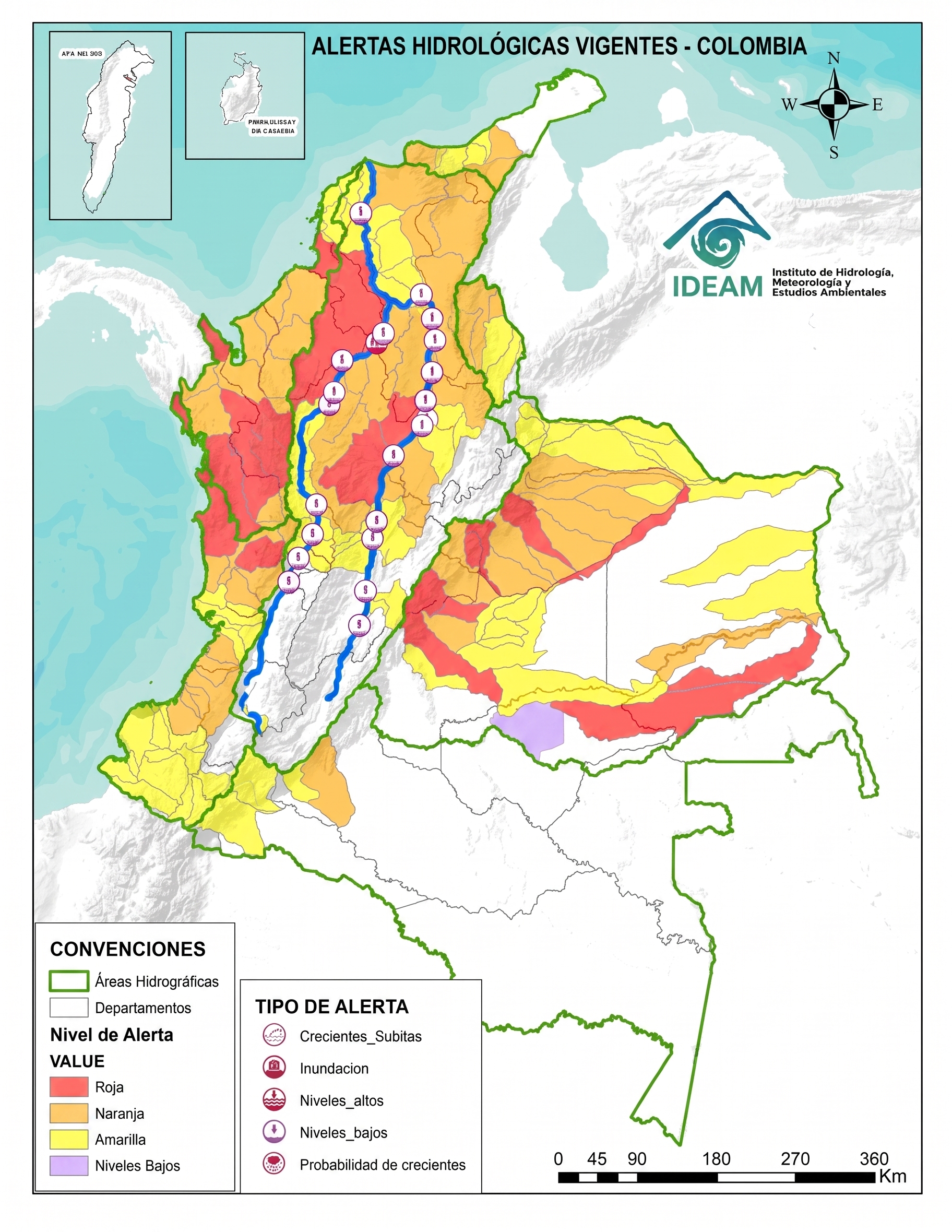 Estos son los territorios en los que hay alerta roja, naranja y amarilla por riesgo de inundación.