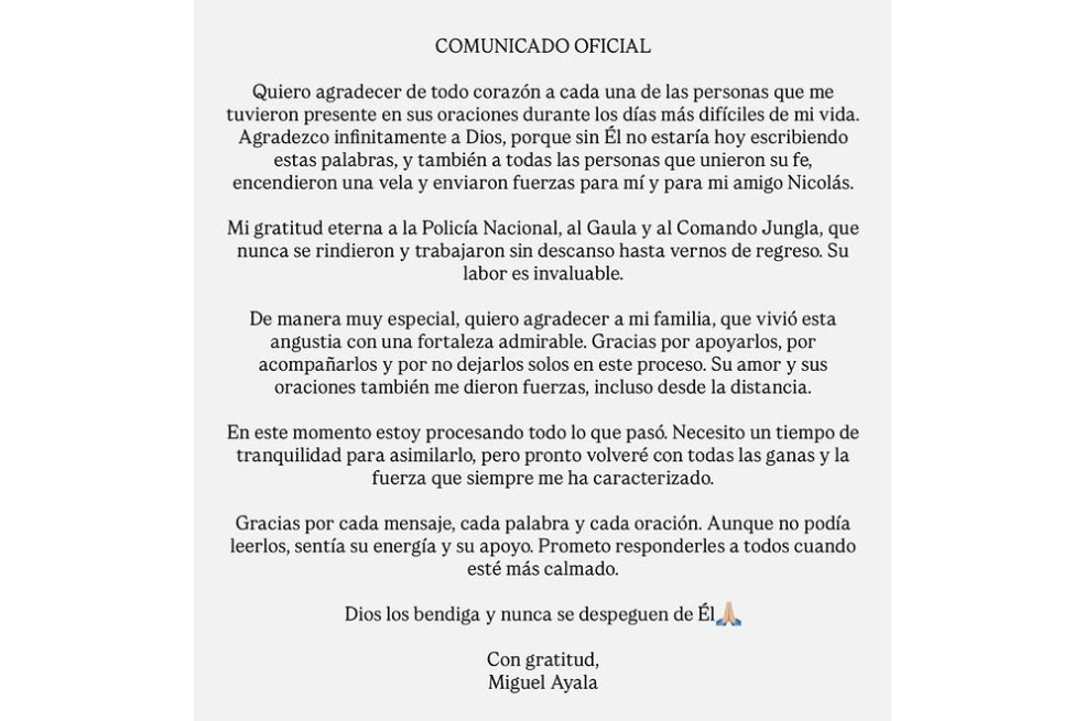 Comunicado de Miguel Ayala.