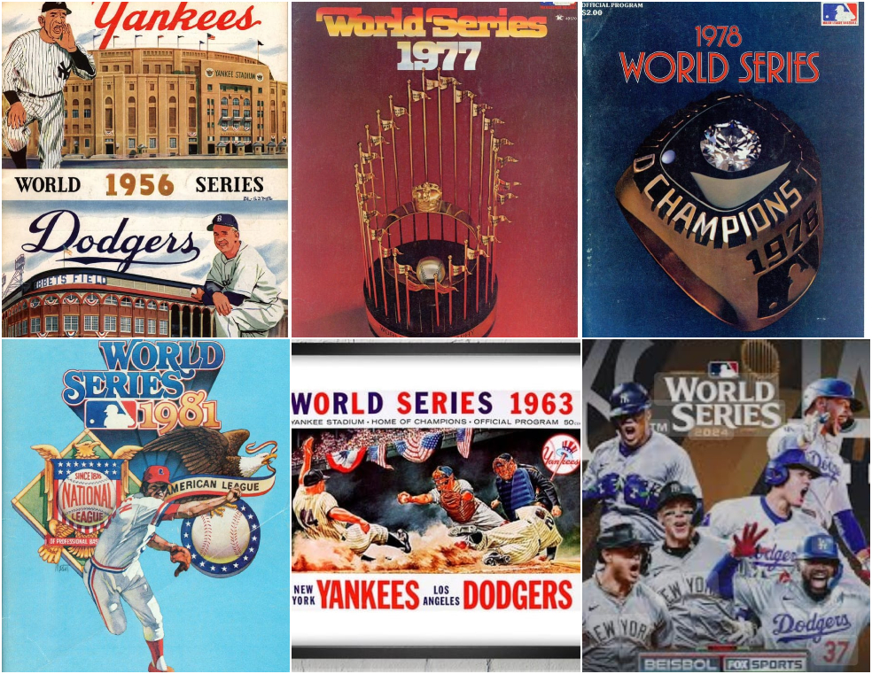 Afiches de las seis recientes Series Mundiales entre los Yanquis y los Dodgers. / Cortesía de Angel Benítez Escorcia