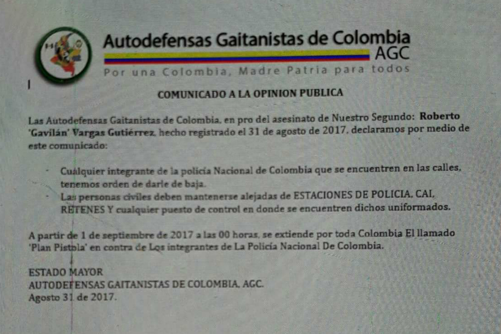 Panfleto atribuido a las Autodefensas Gaitanistas anuncia plan pistola “por toda Colombia”