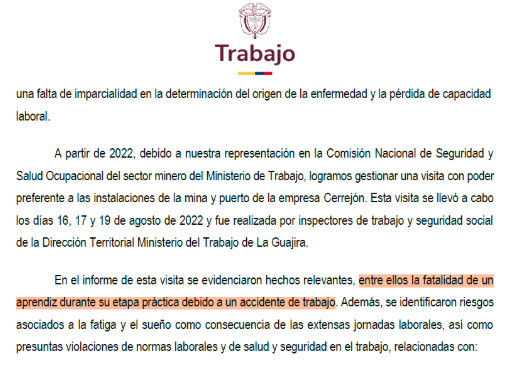 fragmento del informe de mintrabajo sobre la minería de carbón
