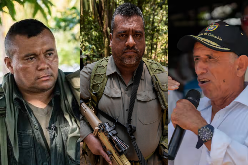 (Izq a der.) Alexander Díaz Mendoza, conocido como Calarcá Córdoba; Giovanny Andrés Rojas, alias Araña; y José Vicente Lesmes, alias Walter Mendoza.