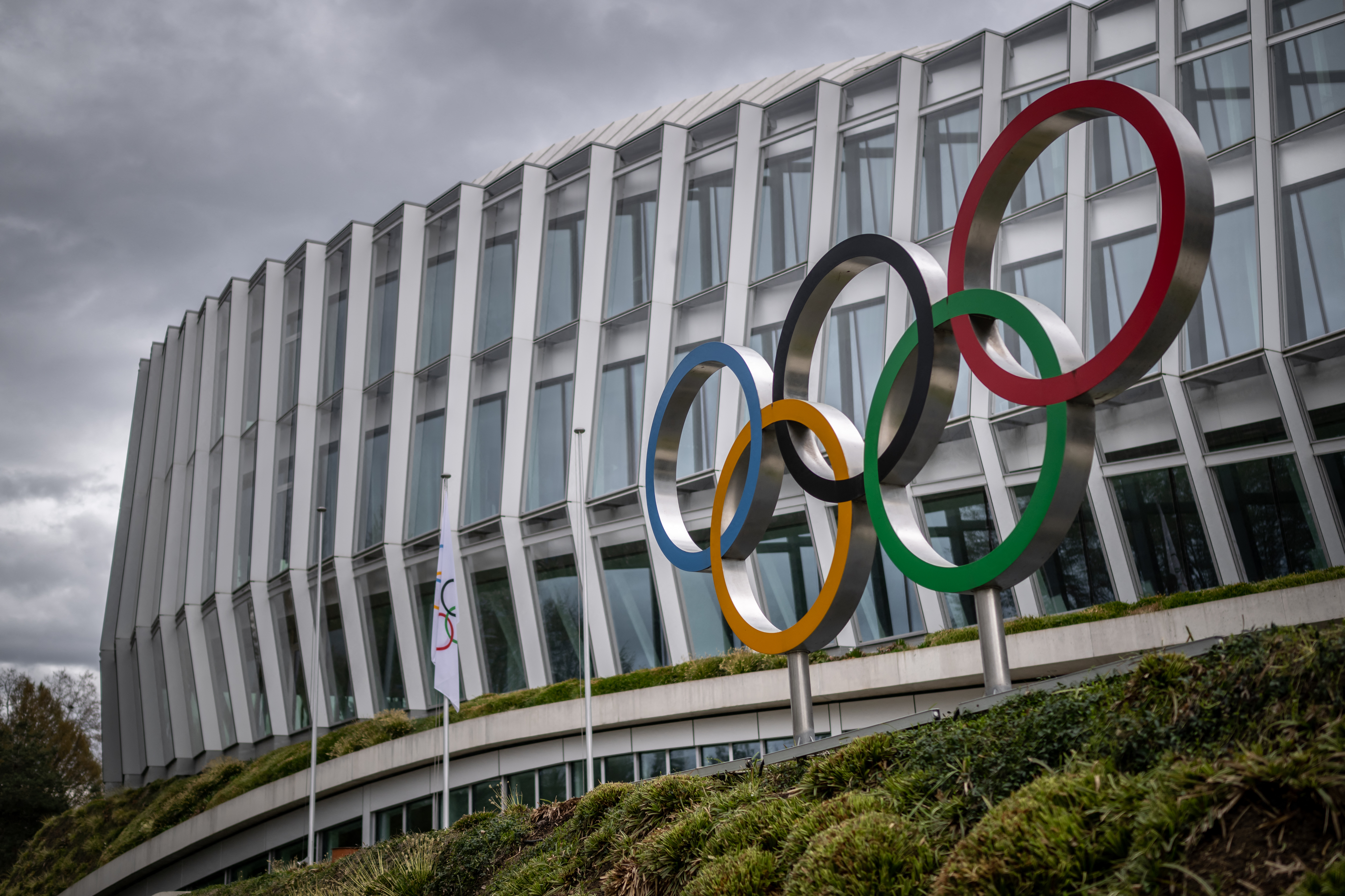 (FILES) This general view shows the headquarters of International Olympic Committee (IOC) during a protest against the proposed IOC roadmap to organise the return to competition of Russian athletes under a neutral flag, provided that they have "not actively supported the war in Ukraine" in Lausanne on March 25, 2023.