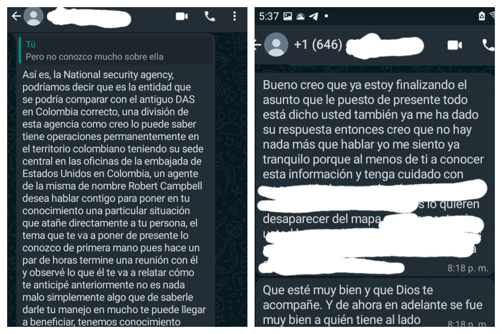 Mensajes enviados vía WhatsApp a Martín Batalla, en los que le ofrecen supuesta protección y le advierten que su vida estaría en riesgo.