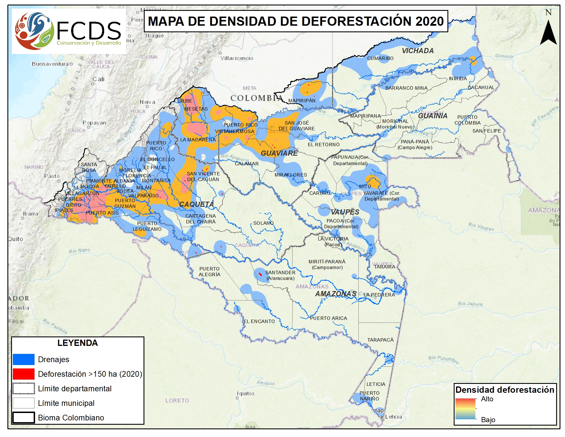 Este mapa, de la Fundación para la Conservación y el Desarrollo Sostenible (FCDS), muestra un reciente mapeo sobre las zonas de la Amazonía colombiana más afectadas por la deforestación. San Vicente del Caguán es una de ellas.