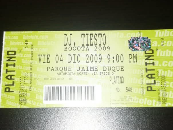 Boleta del concierto de Tiësto en Bogotá en 2009.