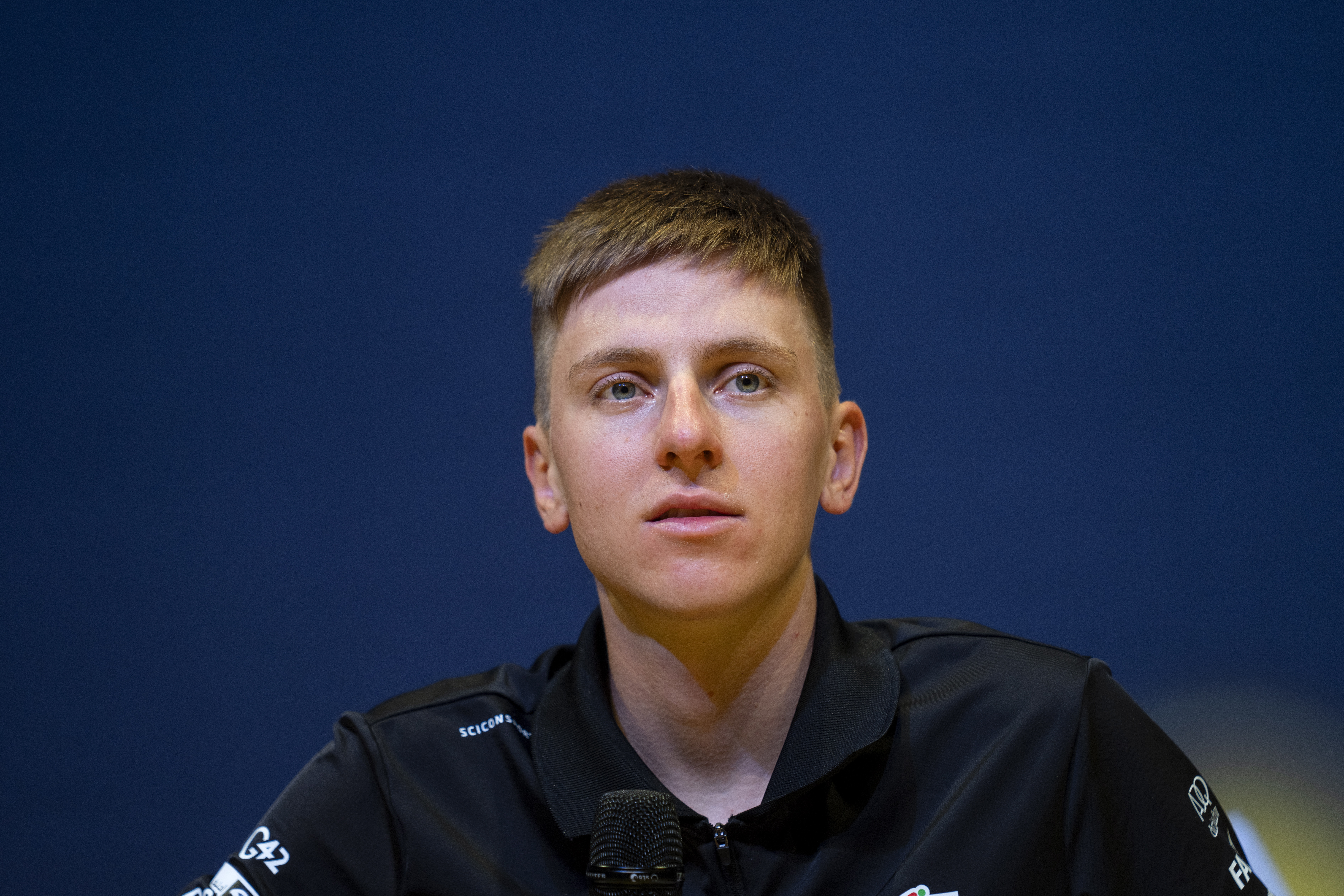 Bilbao (Spain), 29/06/2023.- Tadej Pogacar of Slovakia reacts during a press conference prior to the Tour de France 2023, in Bilbao, Spain, 29 June 2023. The Tour de France 2023 will start in Bilbao on 01 July. (Ciclismo, Francia, Eslovaquia, España) EFE/EPA/Bo Amstrup DENMARK OUT