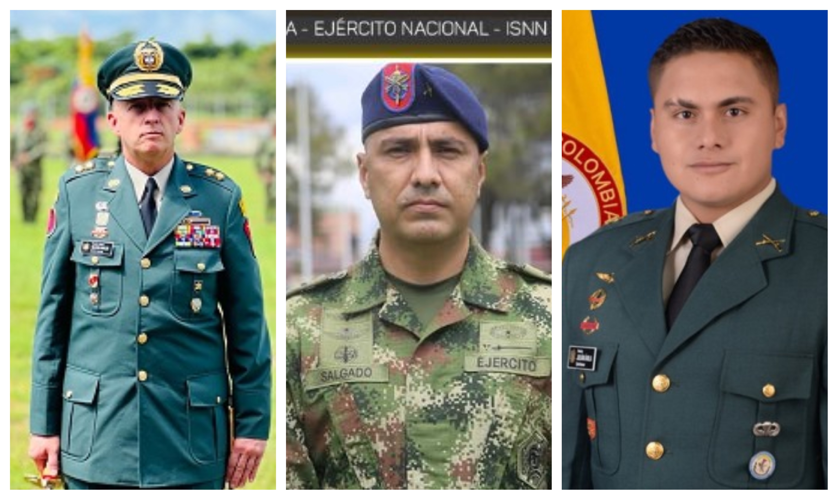 El brigadier general Walther Adrián Giraldo Jiménez (izquierda); El coronel Carlos Mauricio Salgado Romero (centro); y el teniente Julián Ernesto Ávila Martínez (derecha).