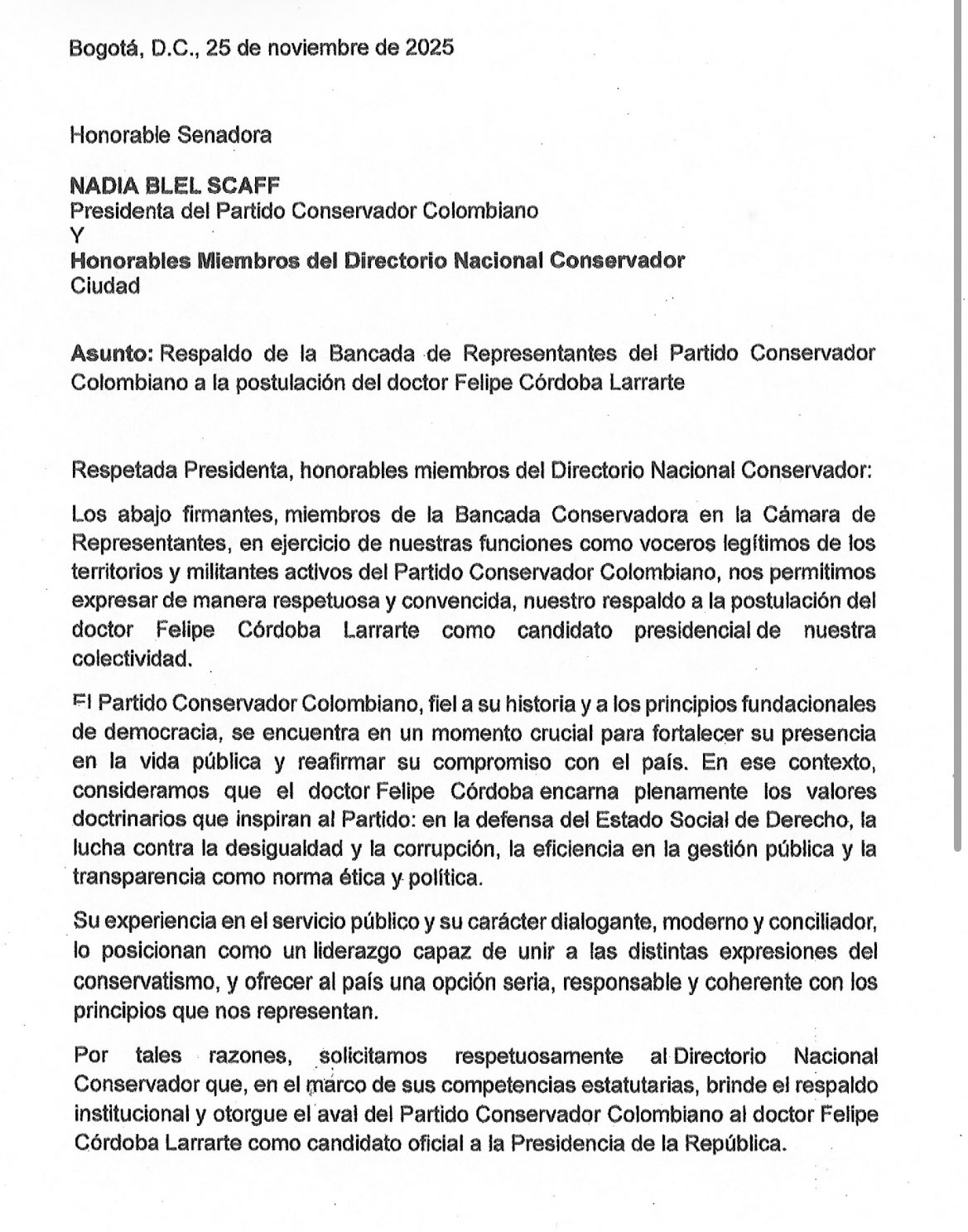 Carta de conservadores en respaldo a Felipe Córdoba