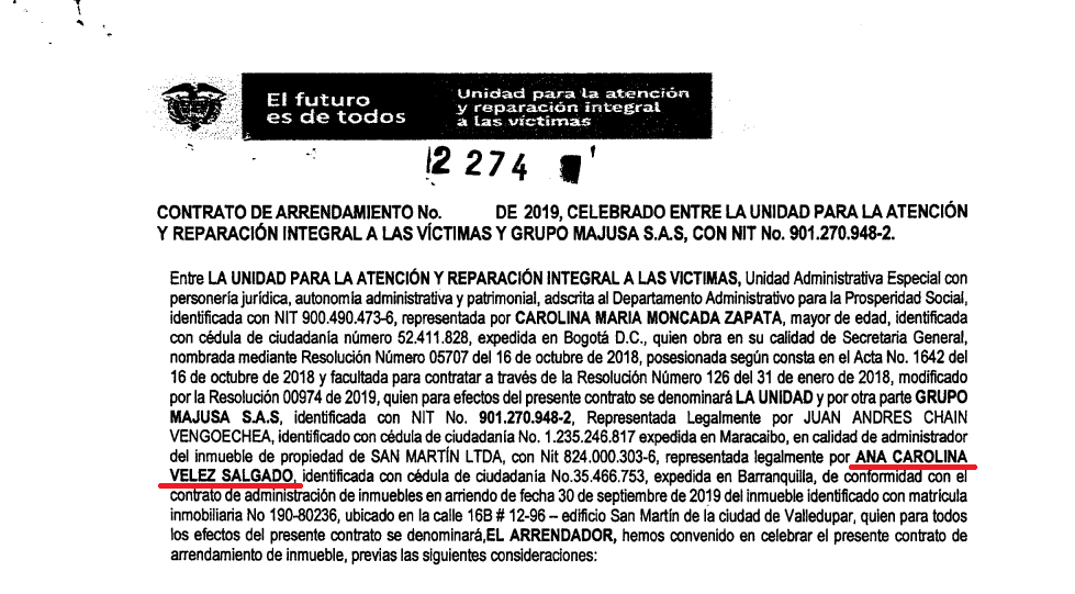 Contrato de arrendamiento entre la Unidad de Víctimas y el administrador del inmueble de propiedad de la madre de Jorge Tovar.