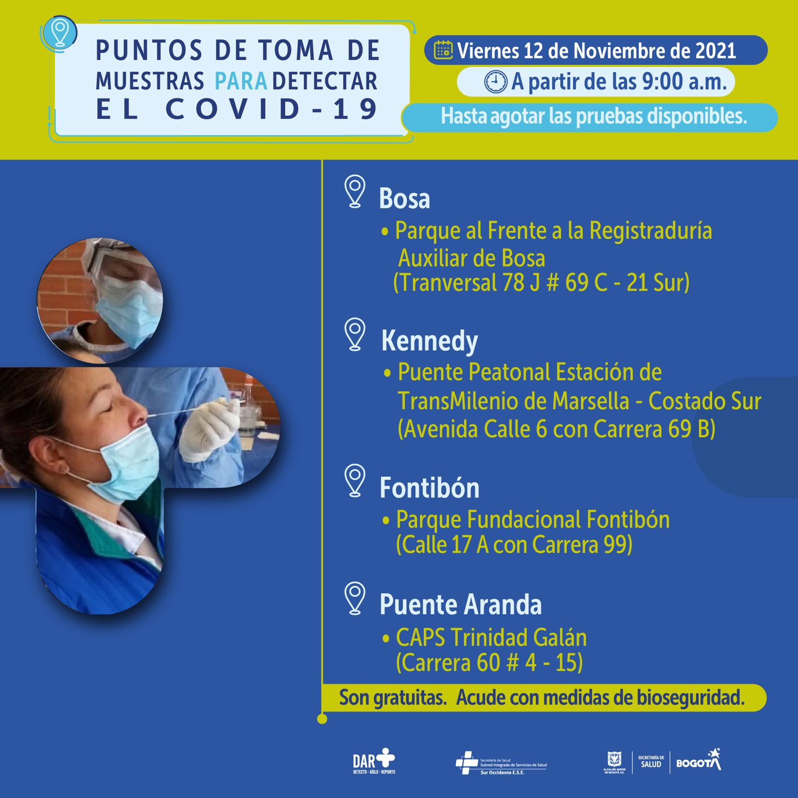 ¿Dónde hay pruebas gratuitas para Covid-19 este viernes en Bogotá?