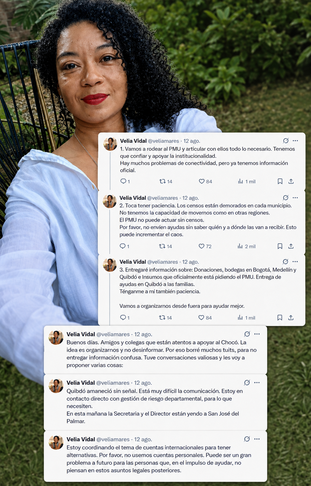 La escritora chocoana Velia Vidal se convirtió en un puente entre las comunidades afectadas, las instituciones y quienes quieren ayudar. Atiende llamadas, verifica información, conecta municipios y traduce los datos oficiales para que sean útiles y comprensibles.