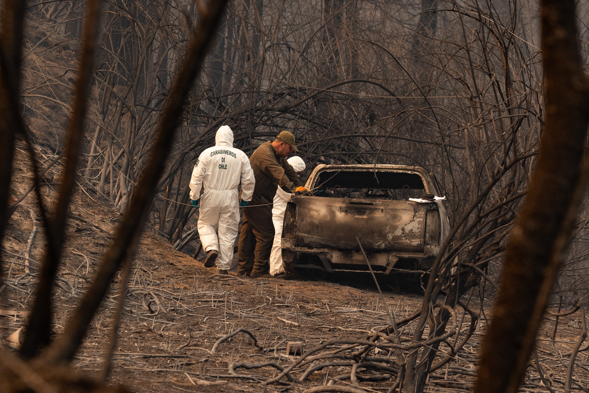 AME1493. SANTA JUANA (CHILE), 04/02/2023.- Efectivos policiales investigan un auto afectado por los incendios ayer, cerca a la ciudad de Santa Juana (Chile). Las regiones de Biobío, Ñuble y La Araucanía son las más afectadas por unos incendios que ya han destruido más de 45.000 hectáreas y un centenar de viviendas y han provocado el desalojo de decenas de municipios. Los incendios coinciden con una larga sequía que ya dura más de trece años y con una ola de calor inédita en el sur, con temperaturas que pueden llegar en las próximas horas hasta los 40 grados celsius en zonas del sur. EFE/ Pablo Hidalgo