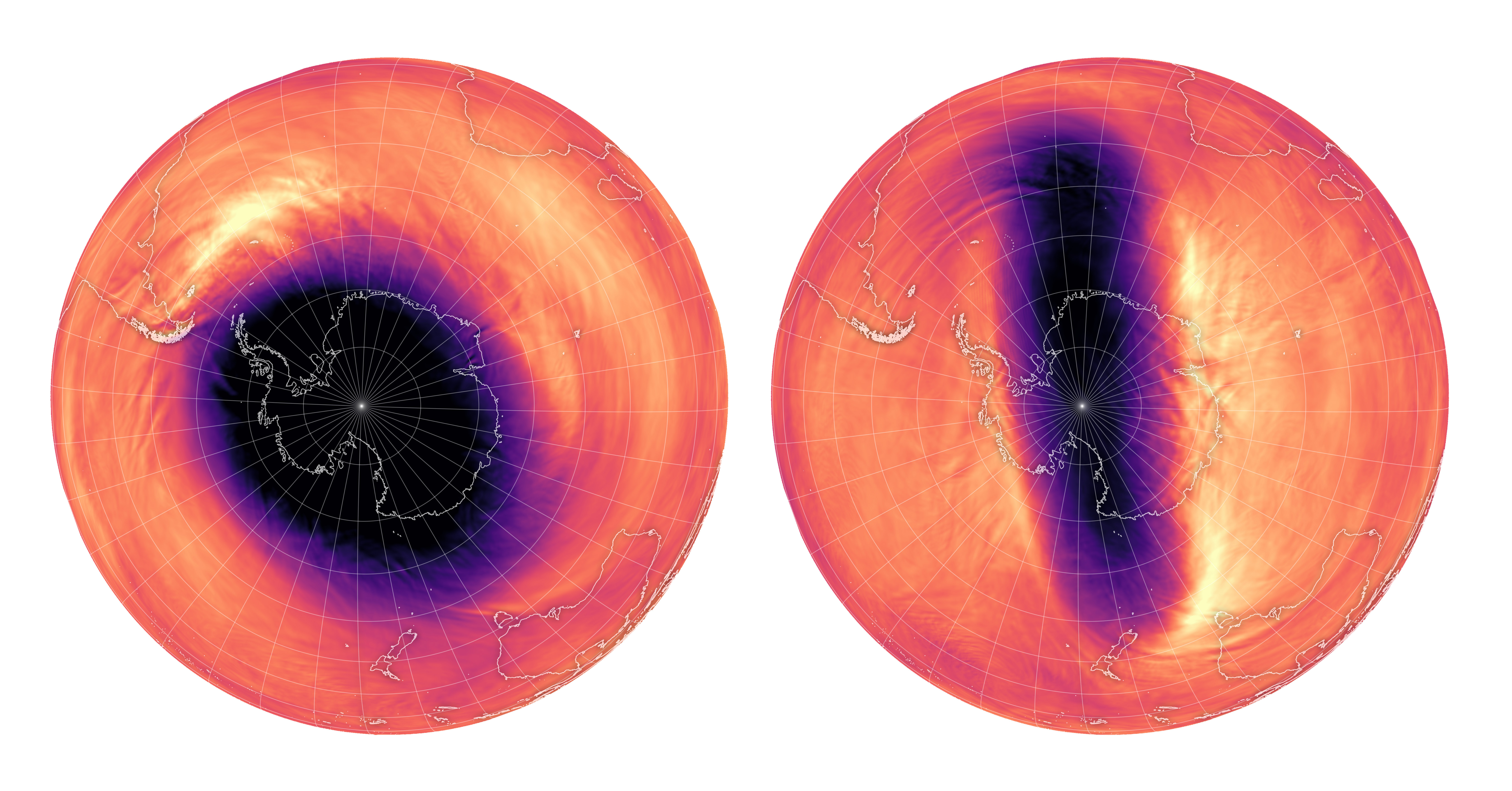 En la imagen se aprecian las diferencias entre el vórtice polar presentado en el inverno de 2023, frente al que se registró en 2024.