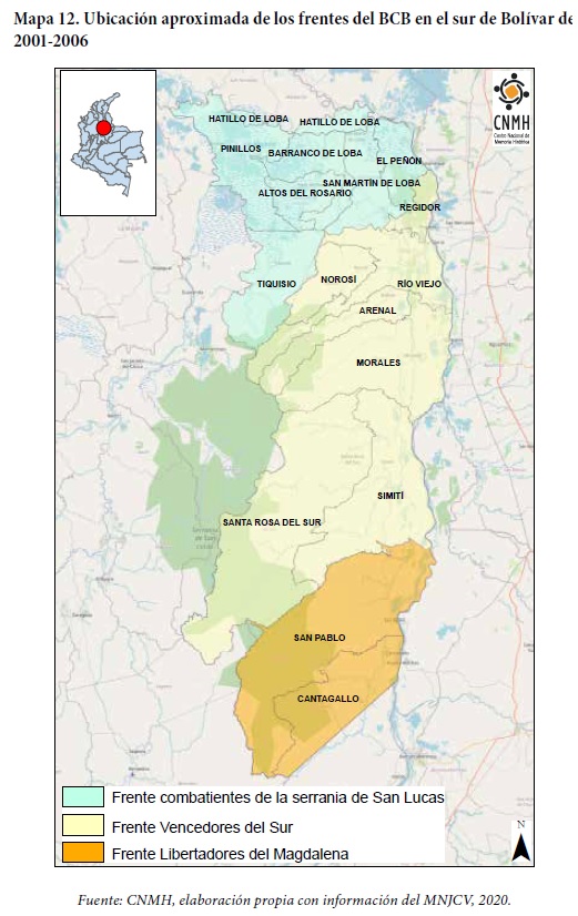 Ubicación de los frentes combatientes de la Serranía de San Lucas, frente Vencedores del Sur y Libertadores del Magdalena.