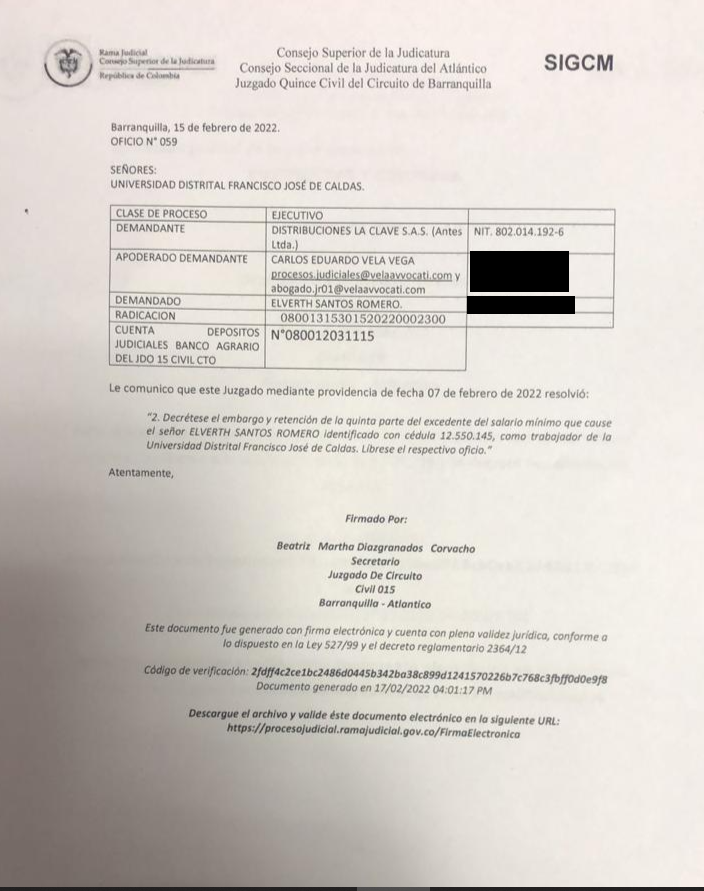 Documento que registra el embargo judicial al vicerrector financiero de la Universidad Distrital.
