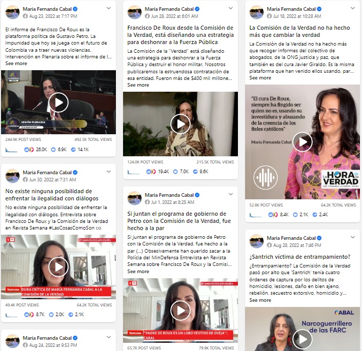Publicaciones de Maria Fernanda Cabal sobre la Comisión de la Verdad con más interacciones.