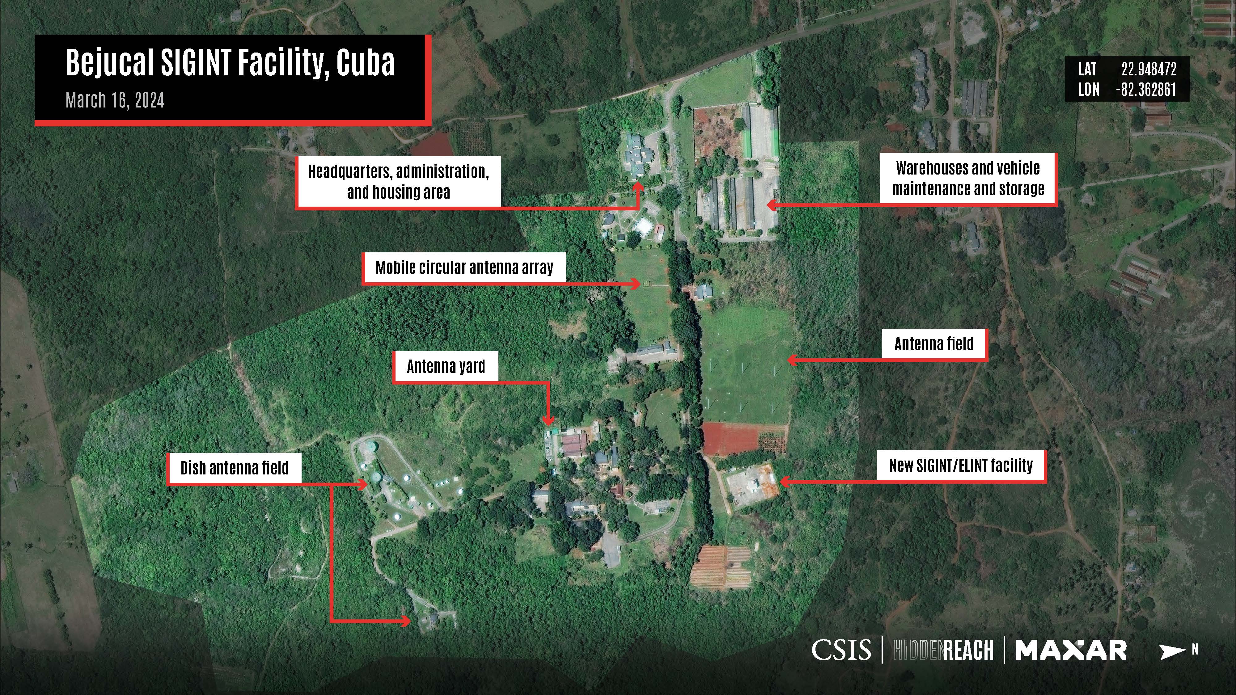 USA6070. WASHINGTON (DC, EEUU), 02/07/2024.- Captura de un documento del Centro de Estudios Estratégicos e Internacionales (CSIS) donde se muestra una imagen satelital de unas instalaciones de espionaje electrónico en el pueblo de Bejucal ubicado en la provincia de Mayabeque en Cuba. Nuevas imágenes de satélite muestran la expansión de supuestas bases de espionaje en Cuba que presuntamente estarían vinculadas a China, según un informe del Centro de Estudios Estratégicos e Internacionales (CSIS), un laboratorio de ideas estadounidense con sede en Washington. EFE/ CSIS/HIDDEN REACH/MAXAR /SOLO USO EDITORIAL /NO VENTAS /SOLO DISPONIBLE PARA ILUSTRAR LA NOTICIA QUE ACOMPAÑA /CRÉDITO OBLIGATORIO A CSIS/HIDDEN REACH/MAXAR