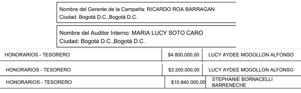 Las tesoreras de la primera vuelta presidencial fueron Lucy Aydée Mogollón y Stephanie Bornacelli. Como auditora interna aparece María Lucy Soto (actual secretaria general del ICBF).