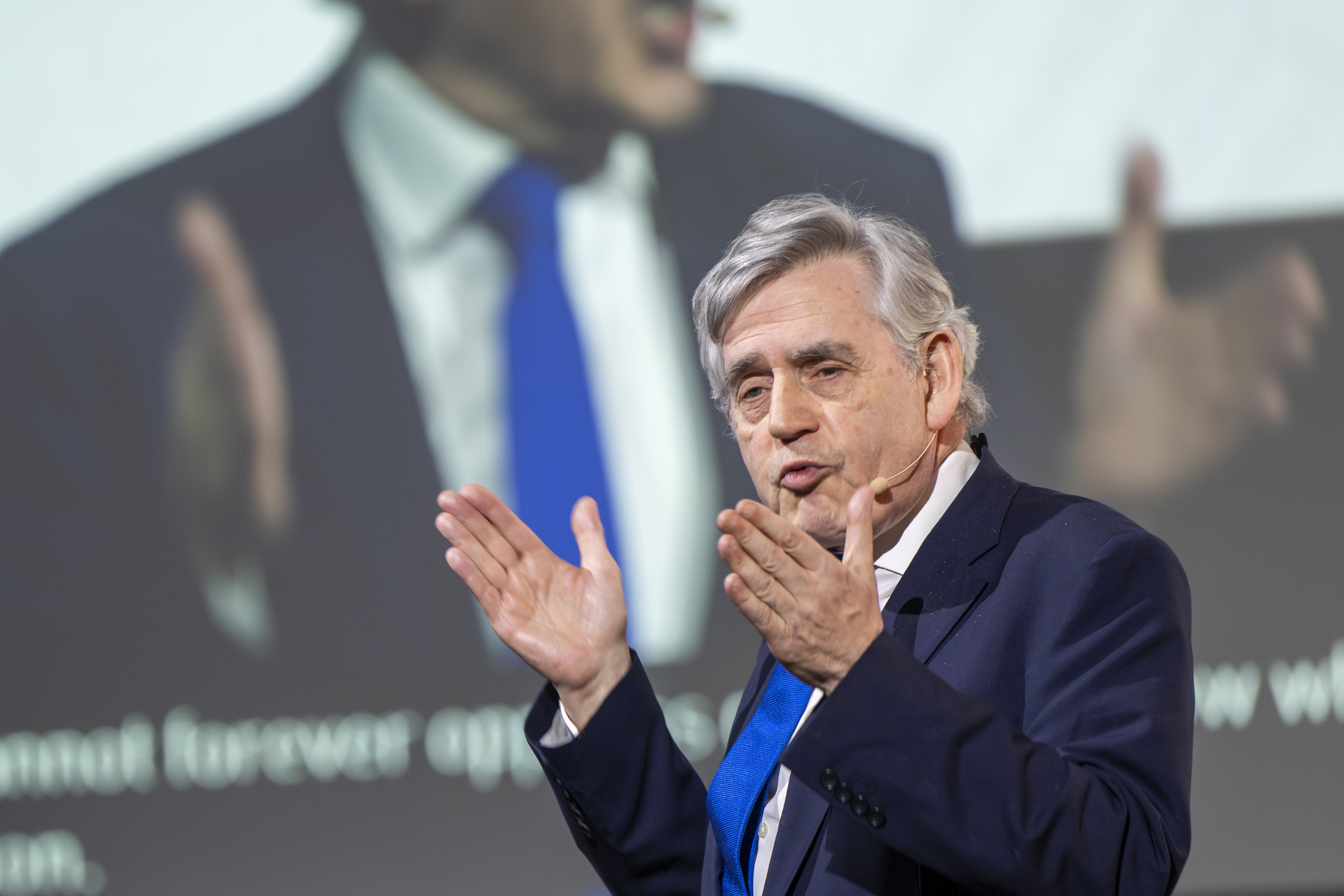 Geneva (Switzerland), 16/02/2023.- United Nations Special Envoy for Global Education, Chair of the High-Level Steering Group Gordon Brown speaks during the Opening the Switzerland co-hosts high-level meeting to fund education in crisis situations in Geneva, Switzerland, 16 February 2023. (Suiza, Ginebra) EFE/EPA/MARTIAL TREZZINI