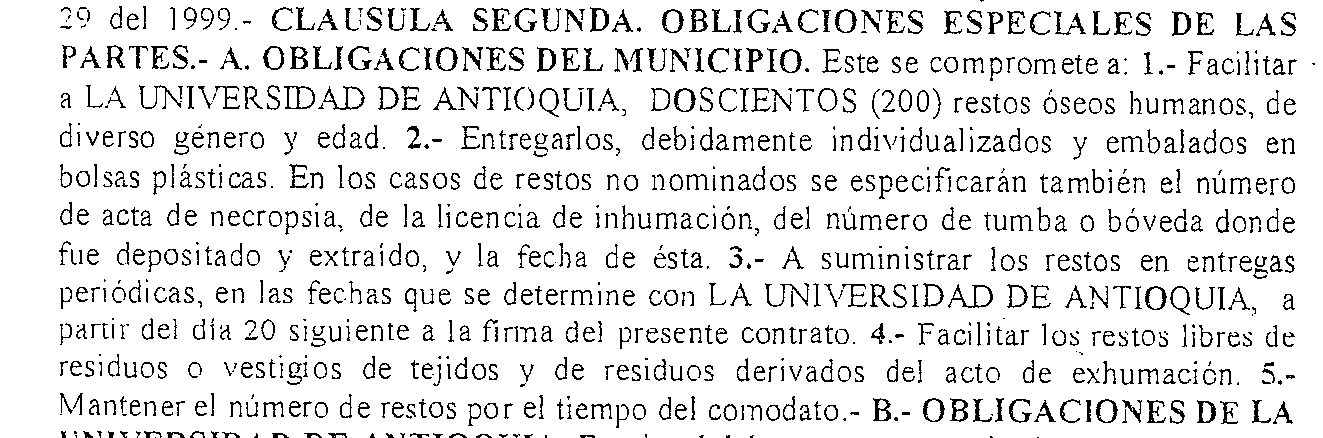 Clausula de la entrega de 200 restos óseos humanos.