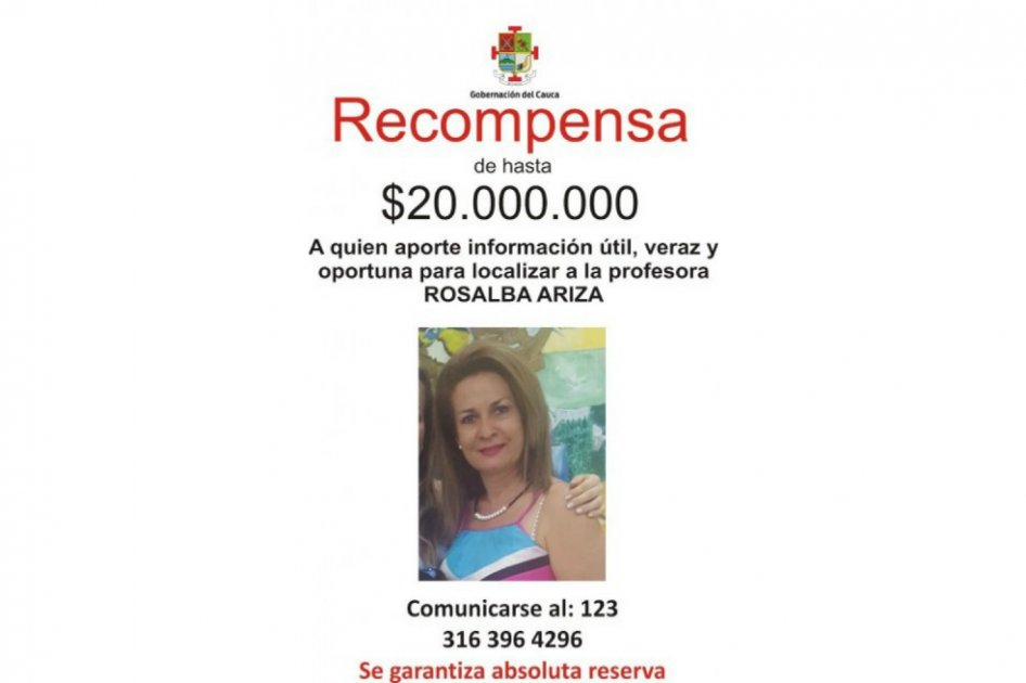 Ofrecen 20 millones de pesos de recompensa por paradero de docente Rosalba Ariza